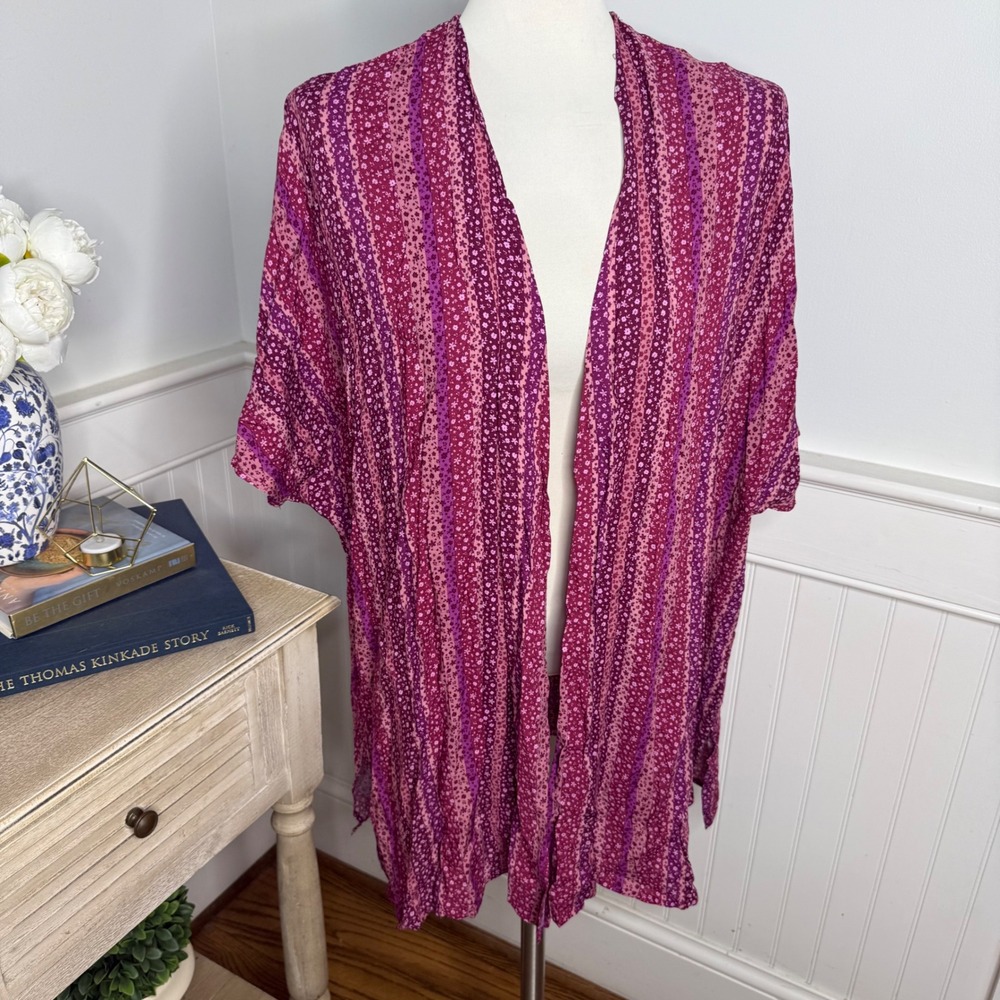 Dear Scarlett Womens Floral Stripe Kimono Cardigan Pink Purple OS